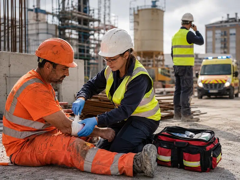 Secouriste soigne un ouvrier sur un chantier