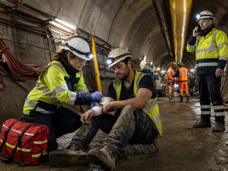 Secouriste aide un ouvrier blessé dans un tunnel.