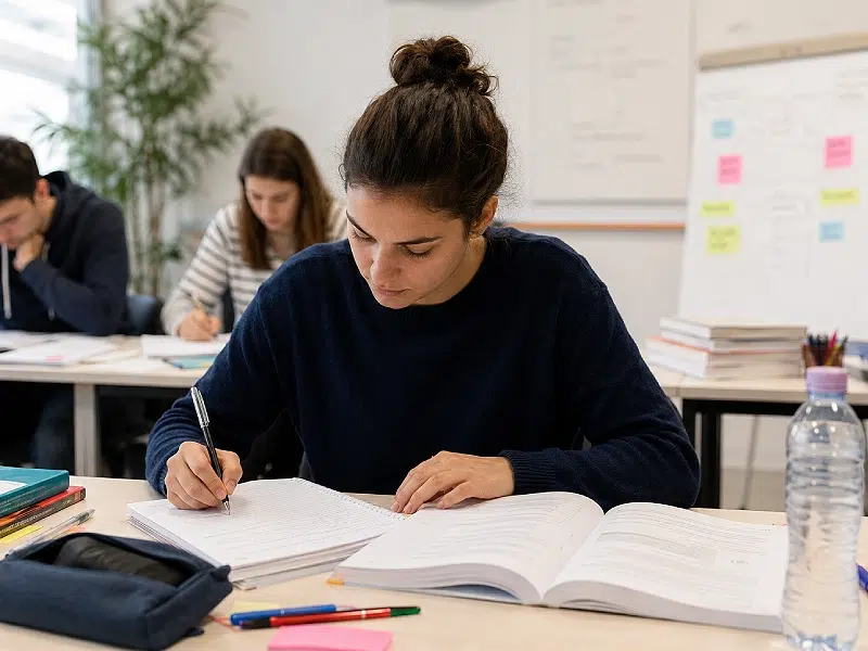 Étudiante concentrée écrivant en classe